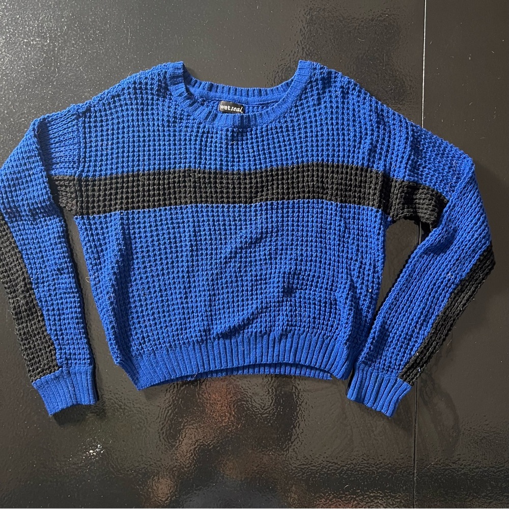 Blue and Black Waffle-Knit Crewneck Sweater Wet Seal Large